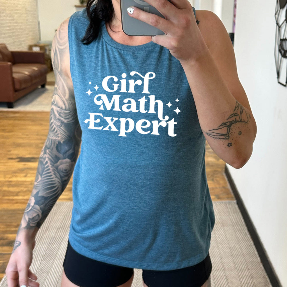 deep teal muscle tank that says "Girl Math Expert"