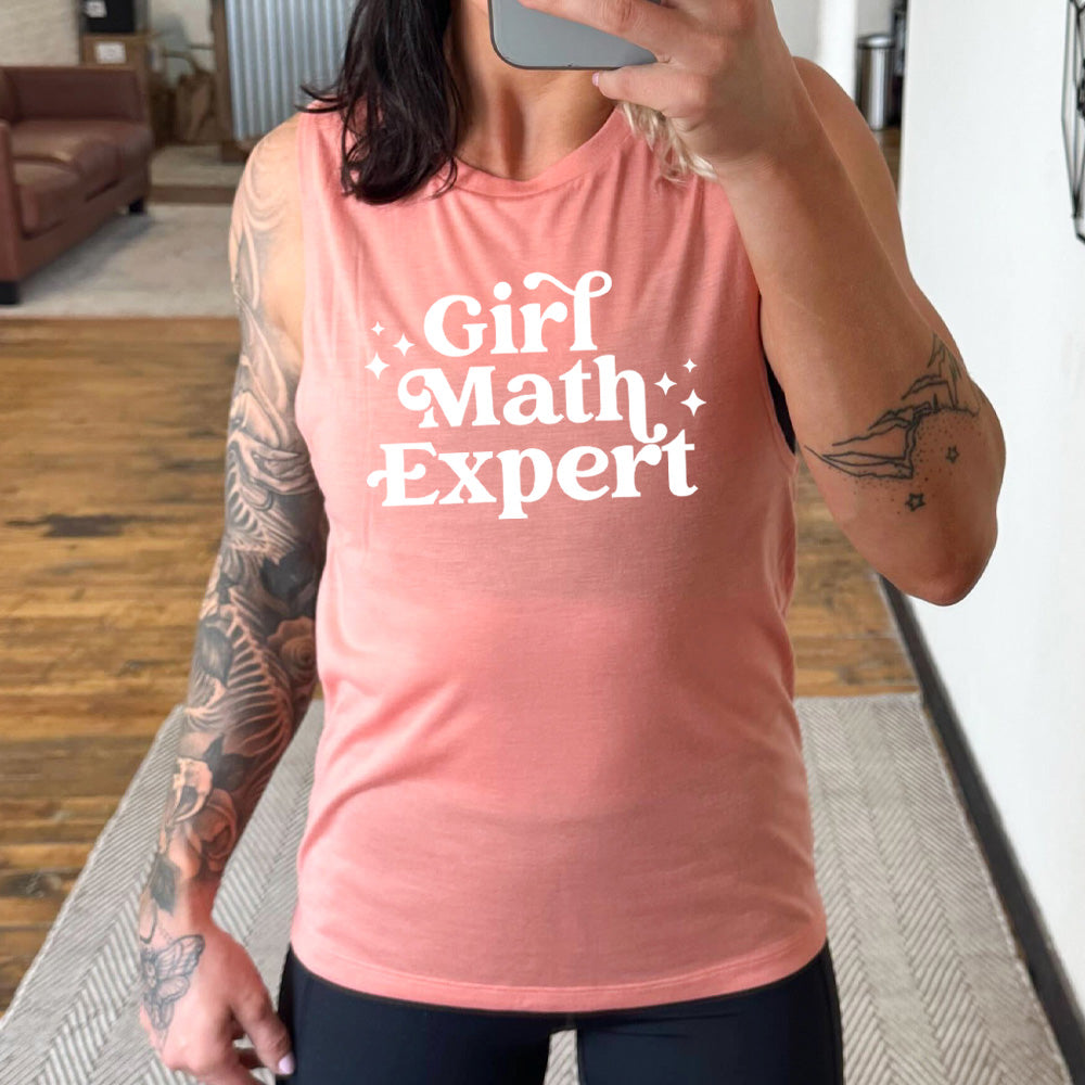 peach muscle tank that says "Girl Math Expert"