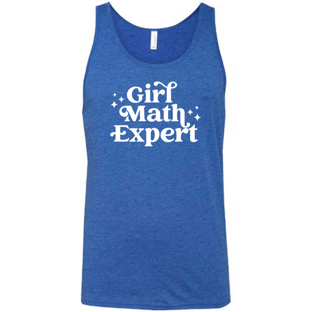 Blue colored tank that says "Girl Math Expert"