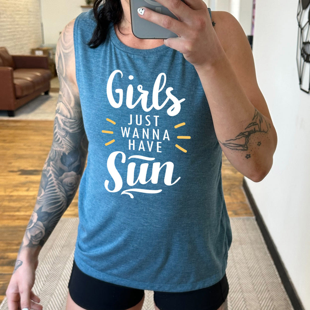 deep teal muscle tank with a sun ray graphic on it that says "Girls Just Wanna Have Sun"