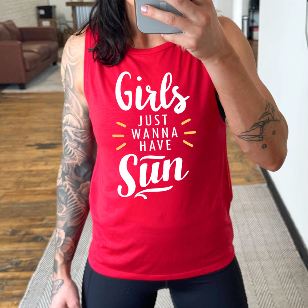 red muscle tank with a sun ray graphic on it that says "Girls Just Wanna Have Sun"