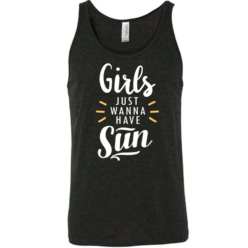 Black colored tank with a sun ray graphic on it that says "Girls Just Wanna Have Sun"