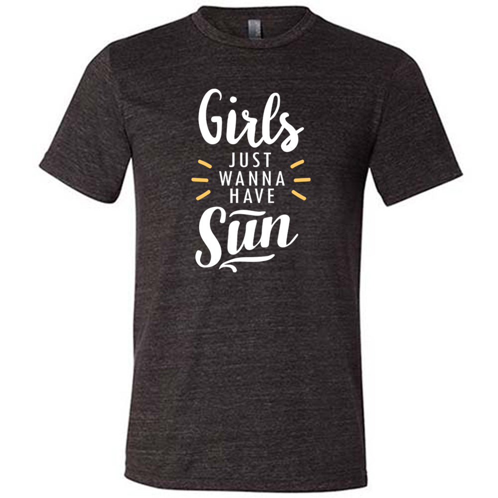Black colored shirt with a sun ray graphic on it that says "Girls Just Wanna Have Sun"