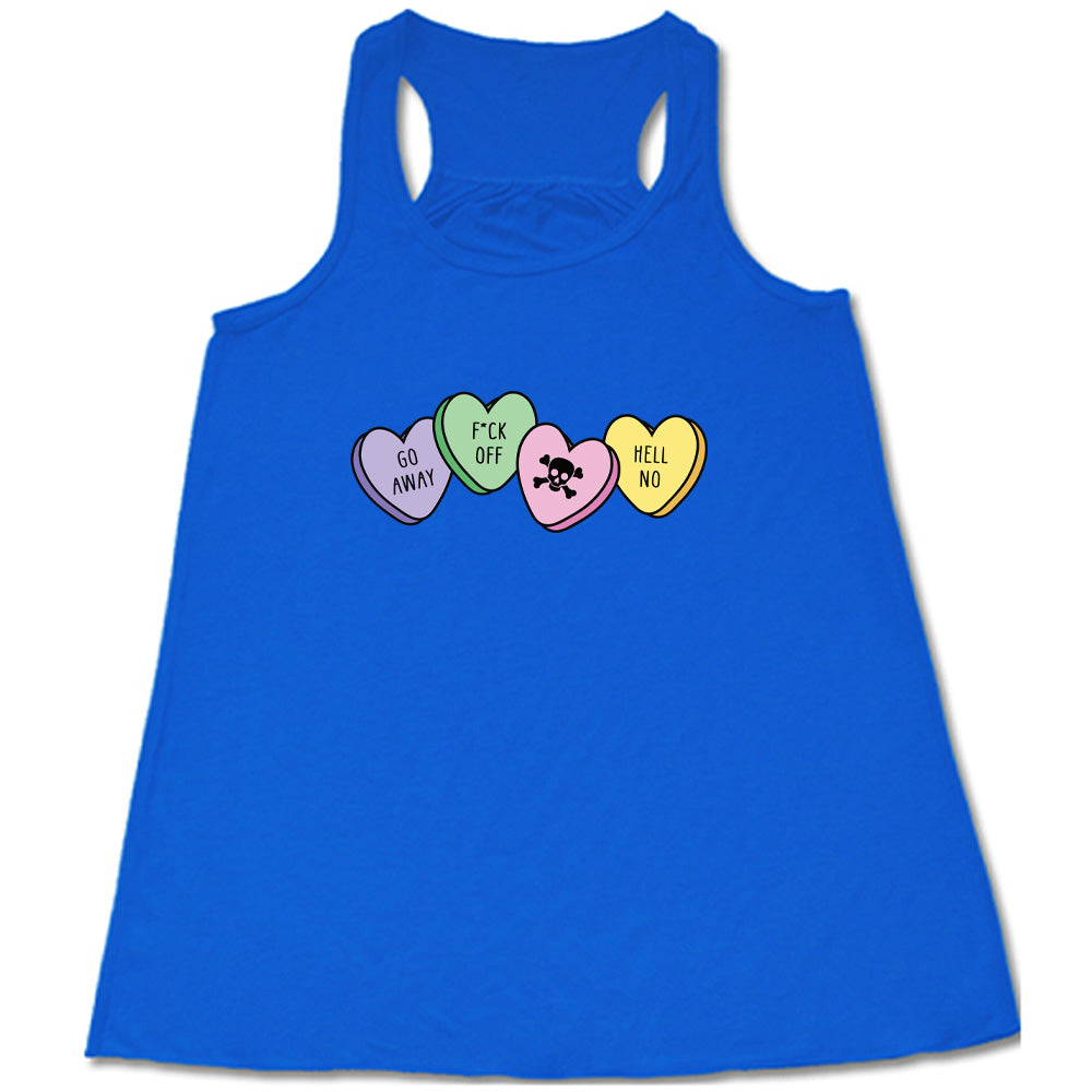 blue shirt with the text "Go Away, F-Off, Hell No Candies" on it