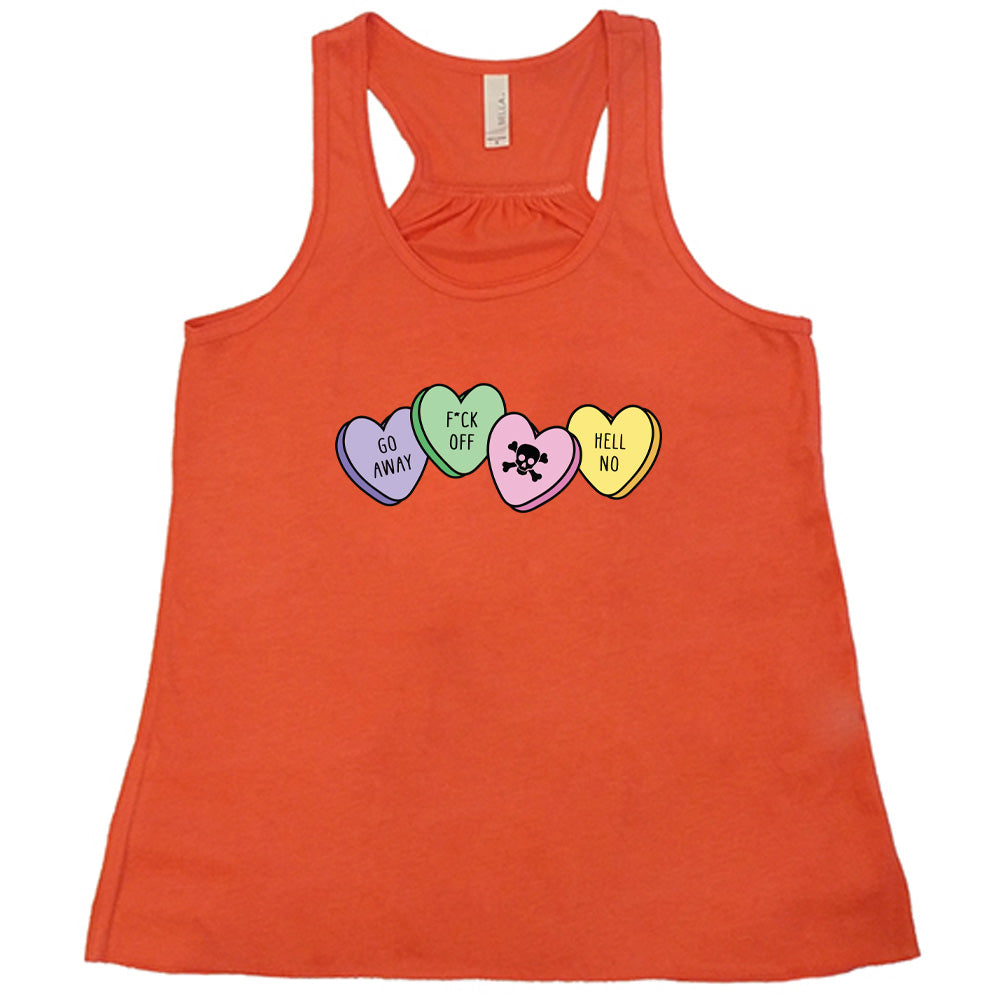 coral shirt with the text "Go Away, F-Off, Hell No Candies" on it
