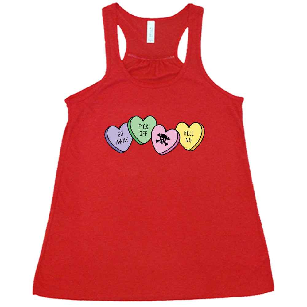 red shirt with the text "Go Away, F-Off, Hell No Candies" on it