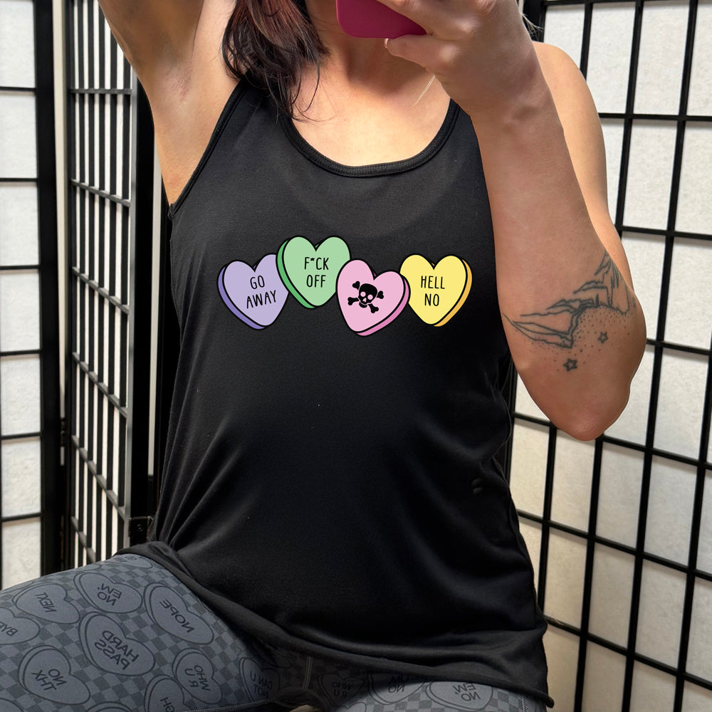 black shirt with the text "Go Away, F-Off, Hell No Candies" on it