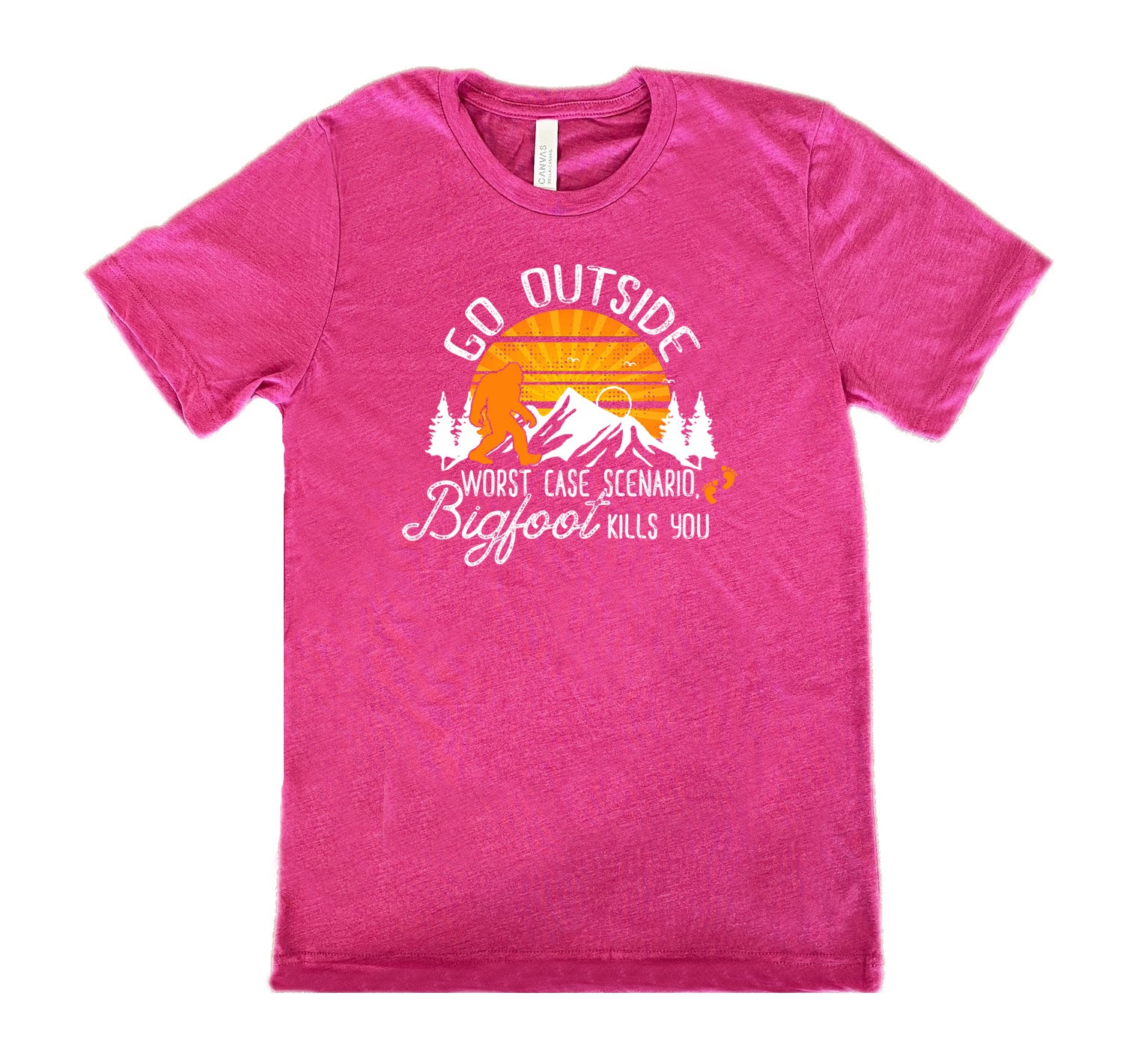 Berry colored shirt with sun and bigfoot in mountains graphic on it that says "Go Outside, Worst Case Scenario Bigfoot Kills You"