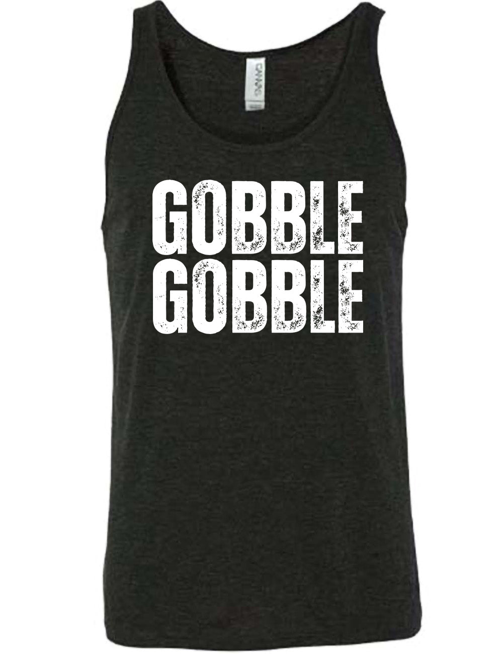 black unisex tank with the words "GOBBLE GOBBLE" in slightly grunge font, stacked on top of each other, in all capitals