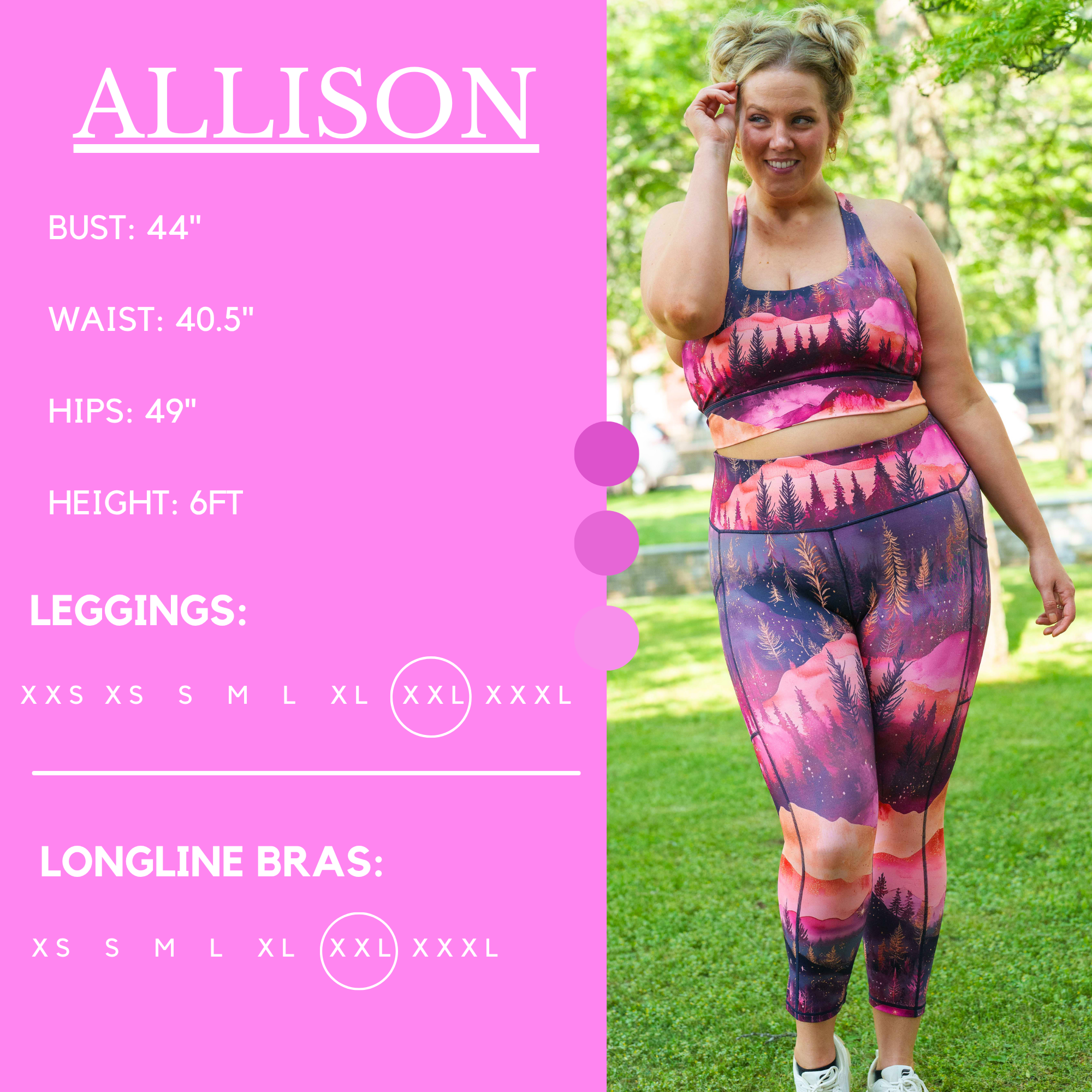Model's measurements of 44 inch bust, 40.5 inch waist, 49 inch hips, and height of 6 foot. She is wearing a size xx-large in our leggings