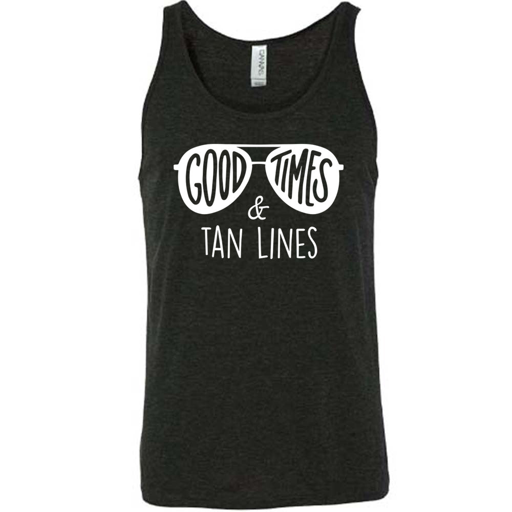 Black colored tank with a sunglasses graphic on it that says "Good Times & Tan Lines"