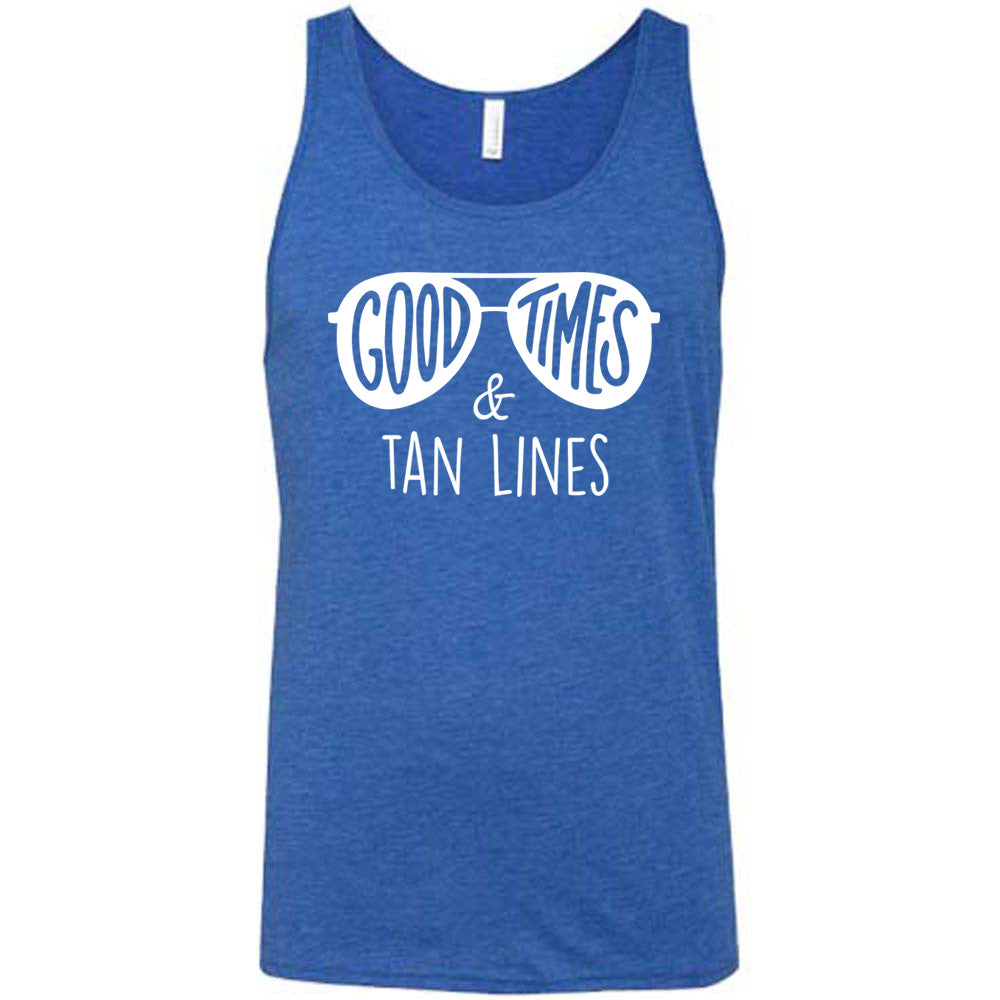 Blue colored tank with a sunglasses graphic on it that says "Good Times & Tan Lines"