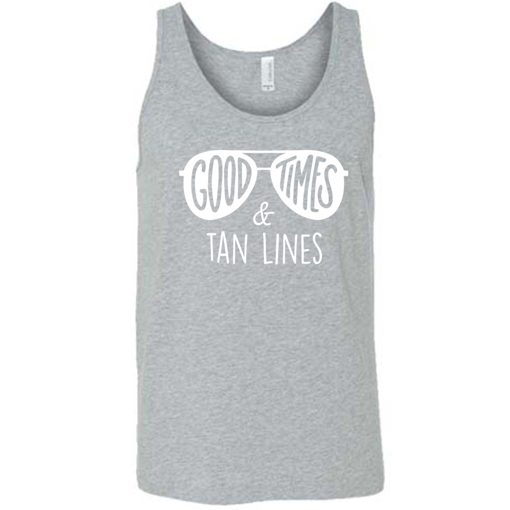 Grey colored tank with a sunglasses graphic on it that says "Good Times & Tan Lines"