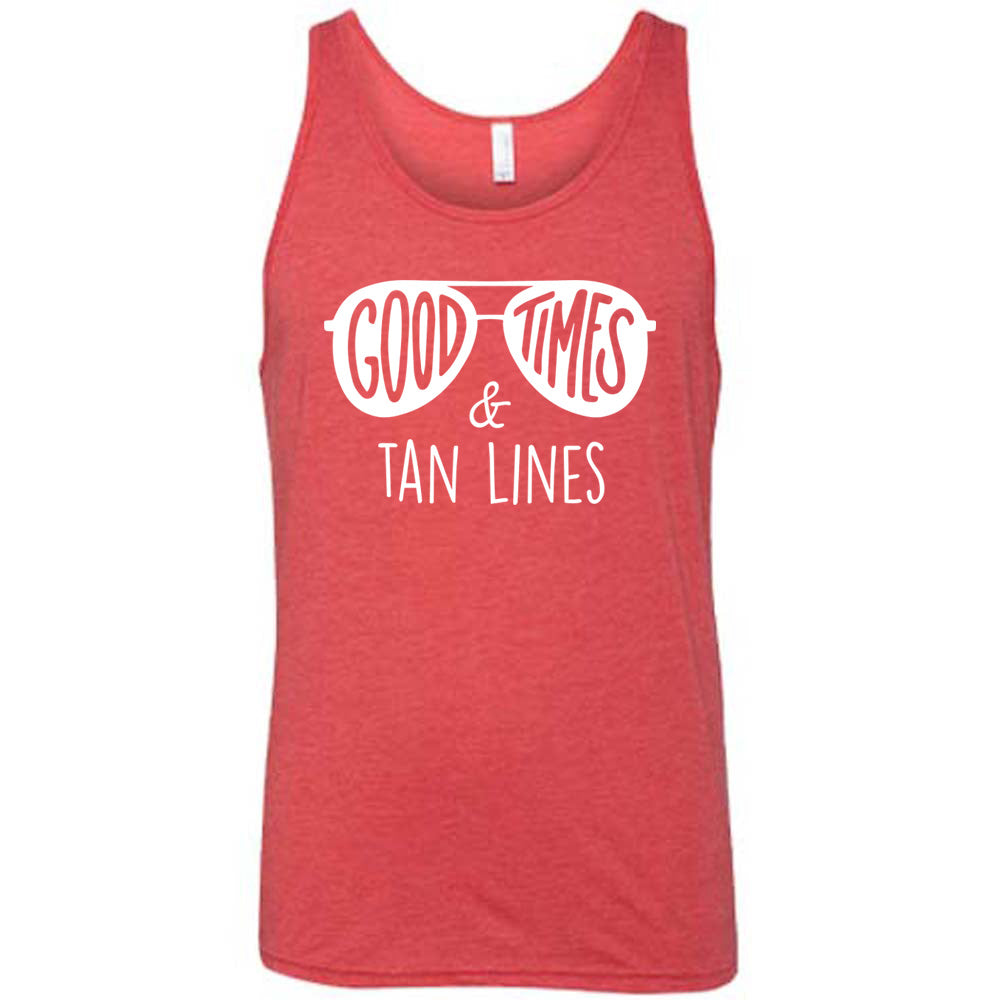 Red colored tank with a sunglasses graphic on it that says "Good Times & Tan Lines"