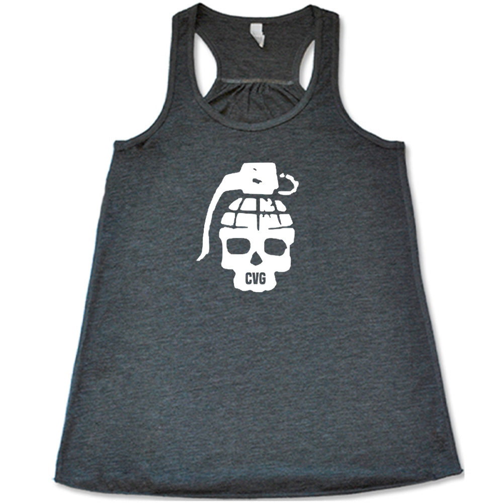 grey shirt with a grenade skull graphic on it
