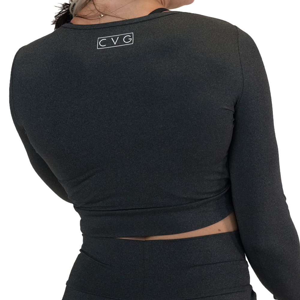 back of the dark grey long sleeve crop top