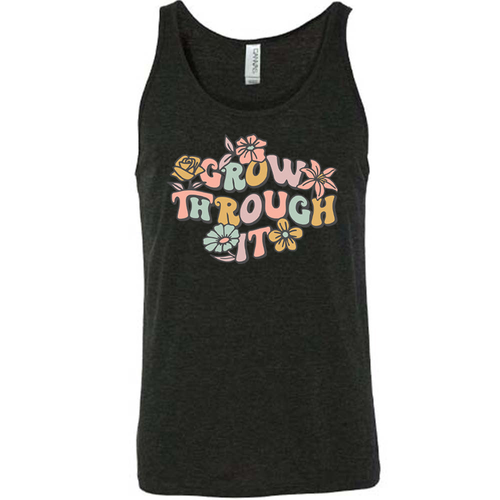 Black colored tank with a flower graphic on it that says "Grow Through It"