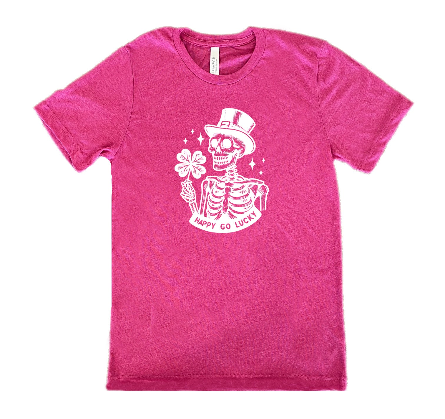 berry shirt with a skeleton graphic and the text "happy go lucky" on it