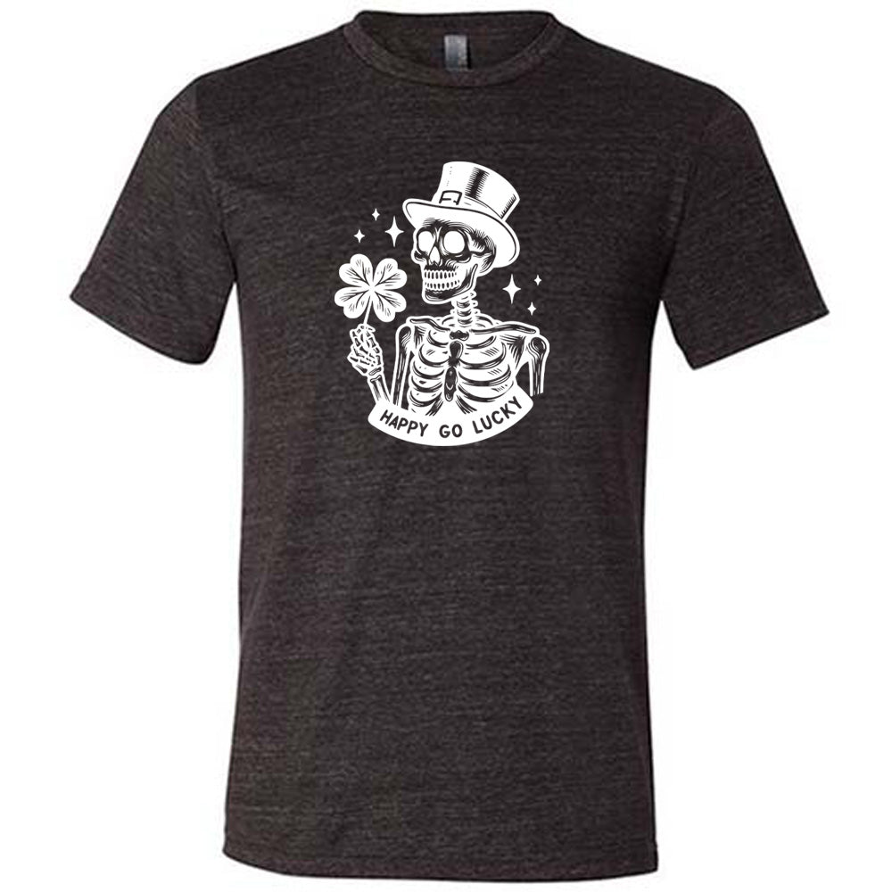 black shirt with a skeleton graphic and the text "happy go lucky" on it
