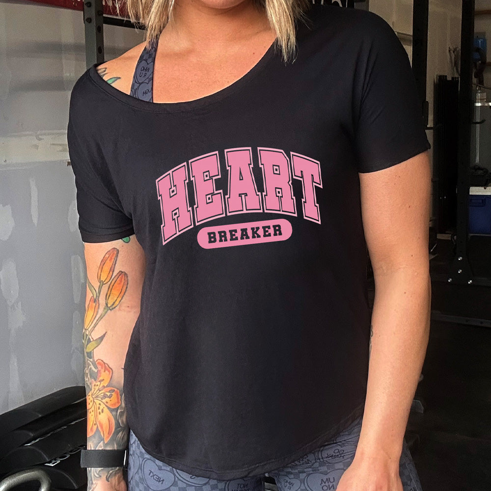 black slouchy shirt with the text "Heart Breaker" on it in pink