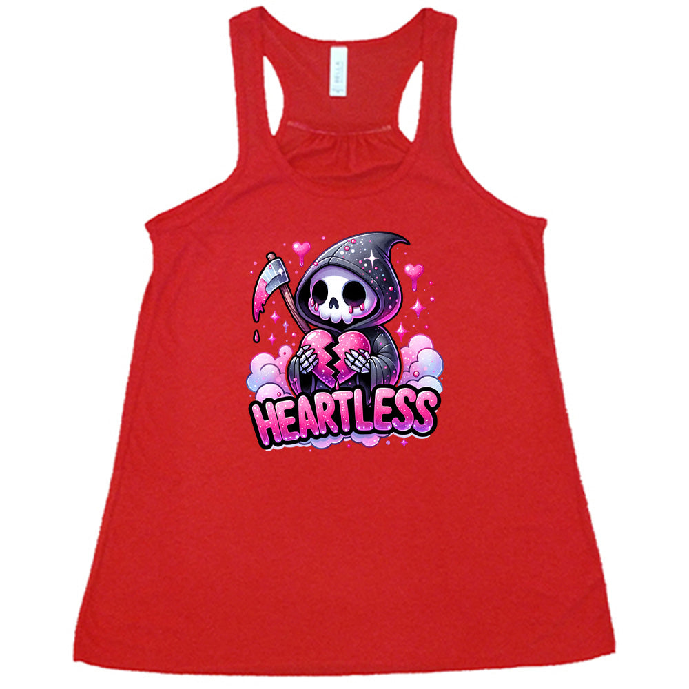 red shirt with the text "Heartless" on it