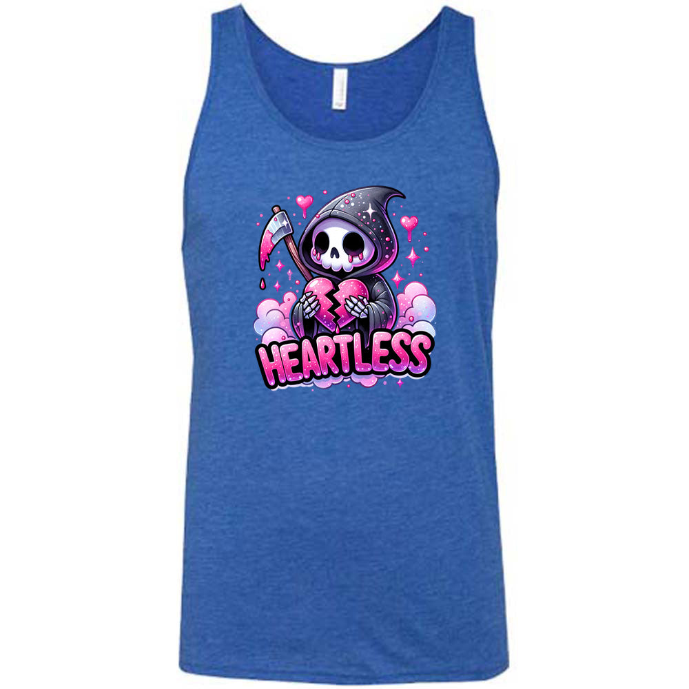 blue shirt with the text "Heartless" on it