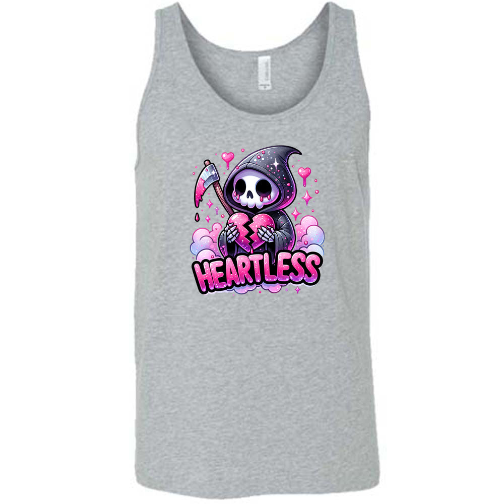 grey shirt with the text "Heartless" on it