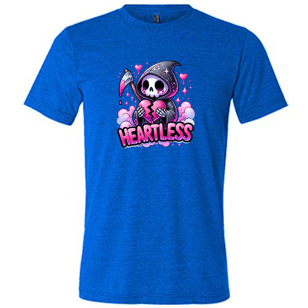 blue shirt with the text "Heartless" on it