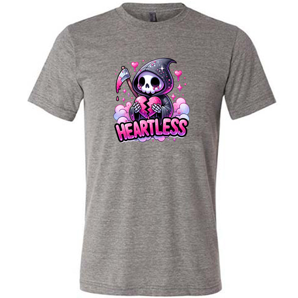 grey shirt with the text "Heartless" on it