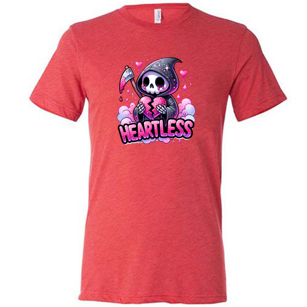 red shirt with the text "Heartless" on it