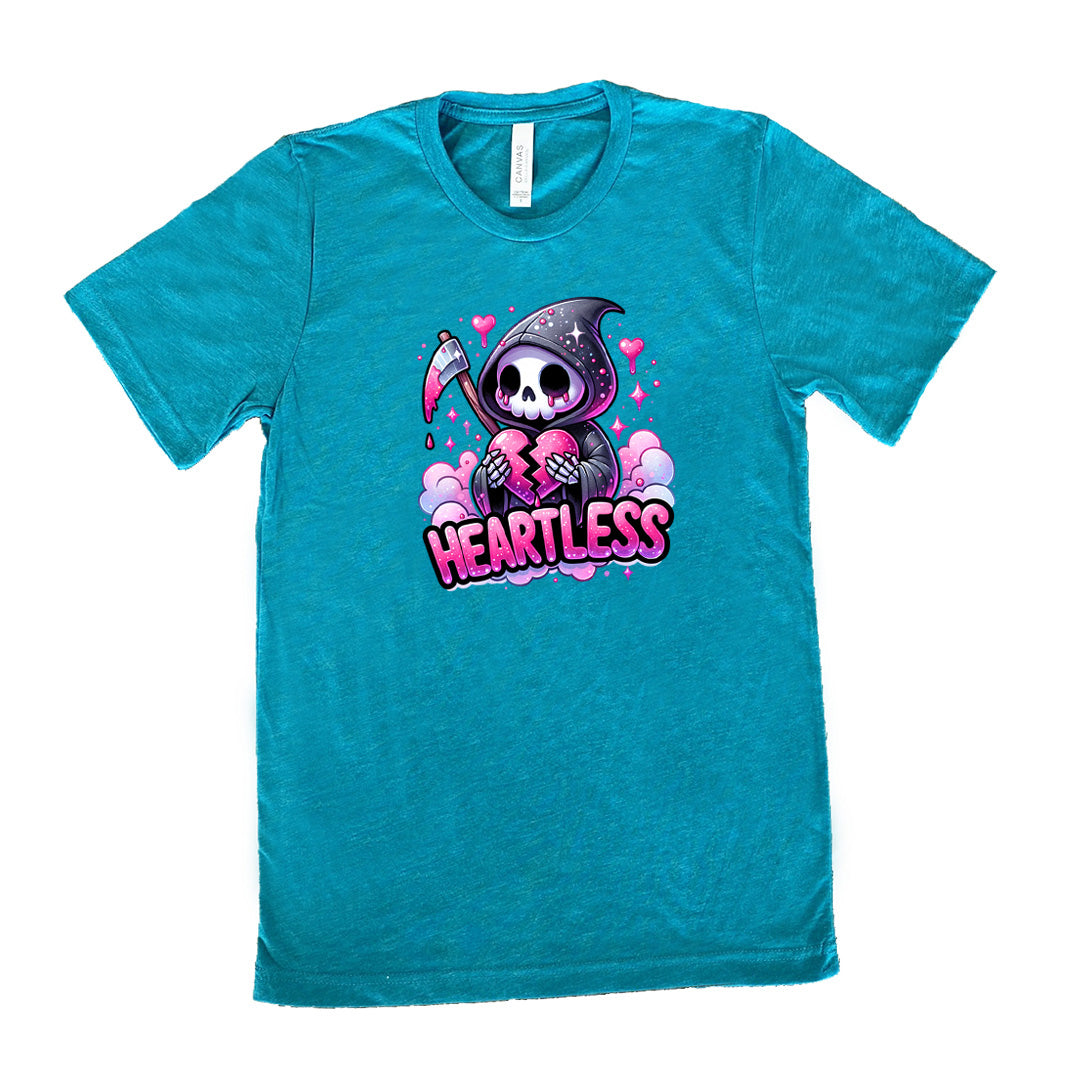 teal shirt with the text "Heartless" on it