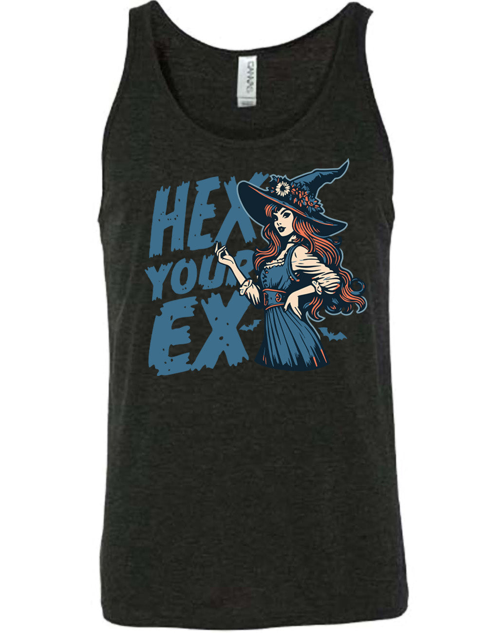 black unisex tank with the words "hex your ex" on it, next to the detailed, colorful graphic of a long-haired witch, hand on hip, other hand raised, wearing a flowery witch hat, and an old-fashioned dress