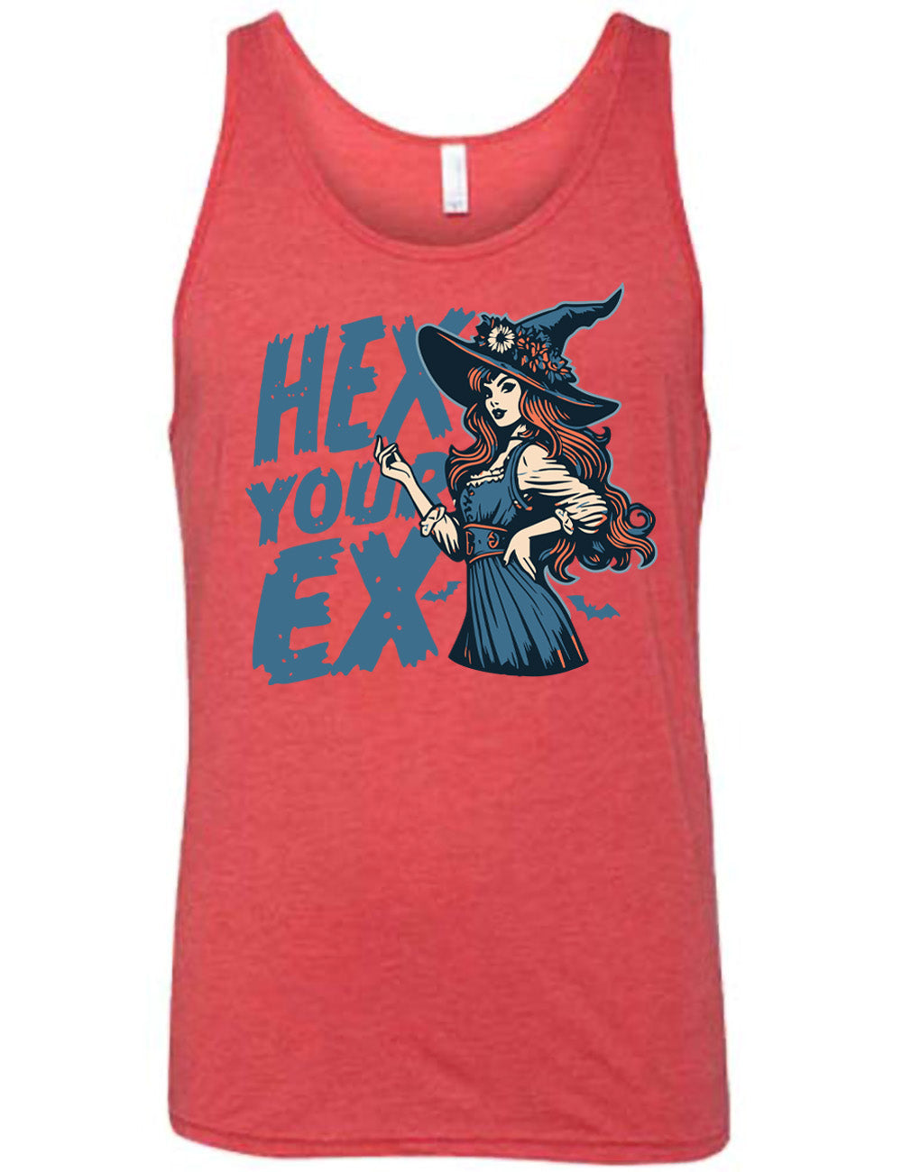 red unisex tank with the words "hex your ex" on it, next to the detailed, colorful graphic of a long-haired witch, hand on hip, other hand raised, wearing a flowery witch hat, and an old-fashioned dress