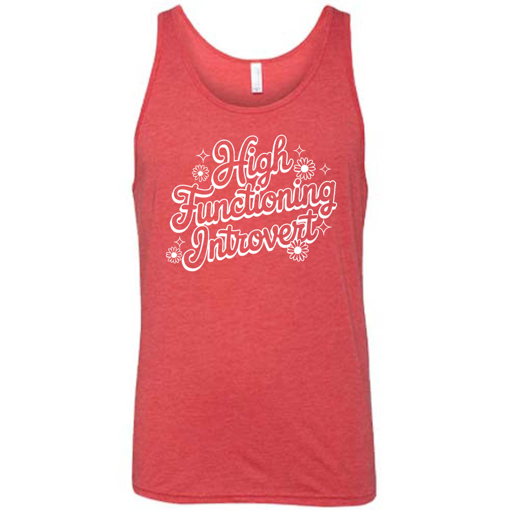 Red colored tank with a flower graphic on it that says "High Functioning Introvert"