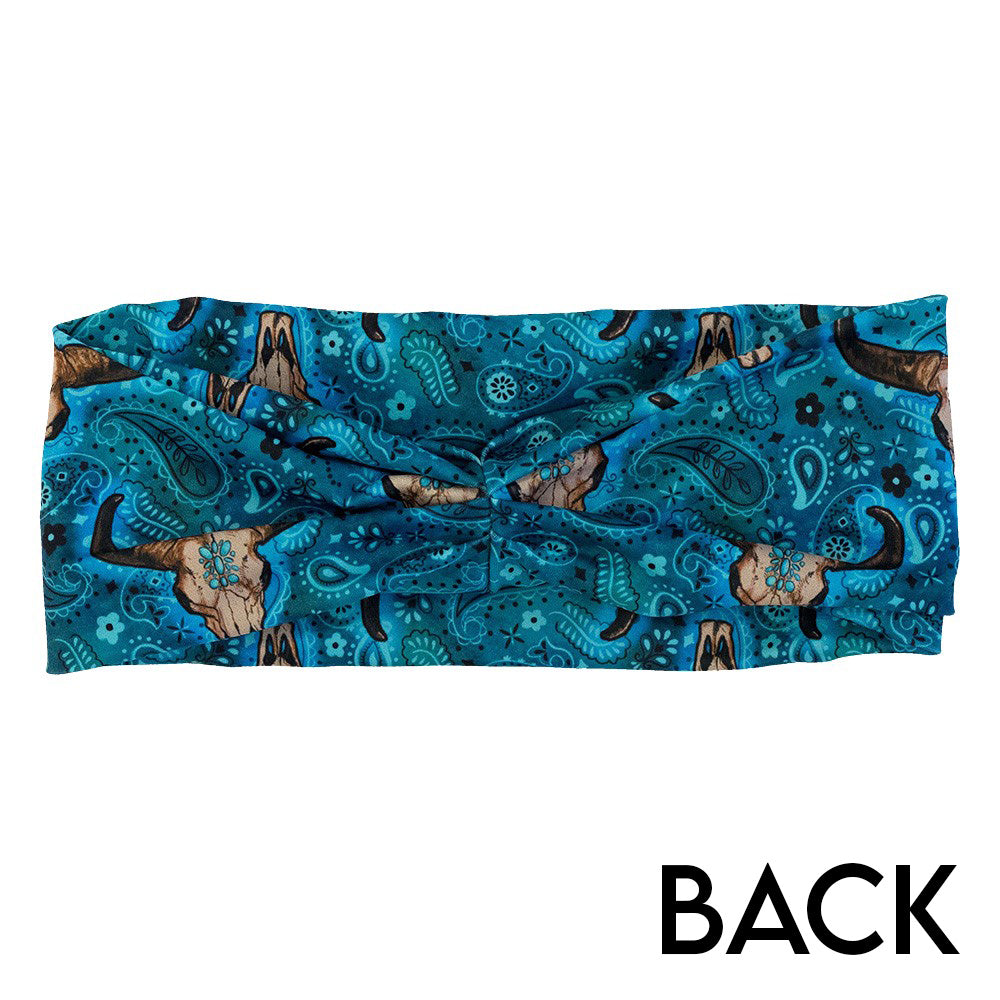 back of the teal cow skull print headband