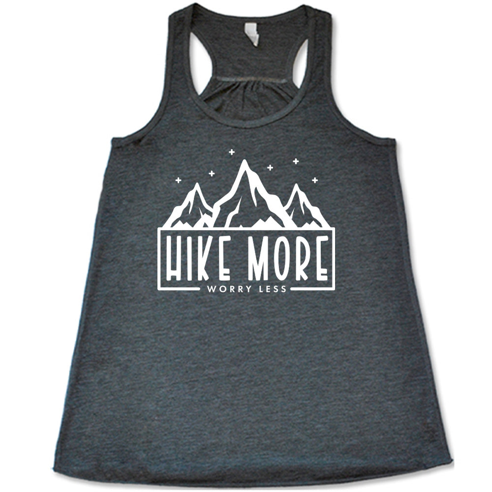Grey colored flowy tank with a mountains and stars graphic on it that says "Hike More Worry Less"