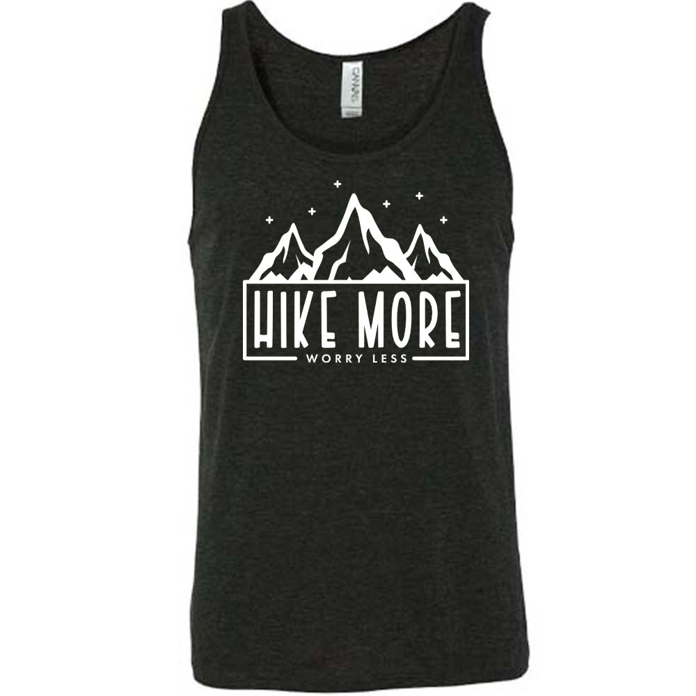 Black colored tank with a mountains and stars graphic on it that says "Hike More Worry Less"