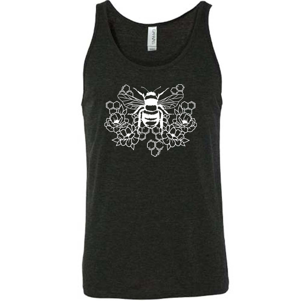 Black colored tank with a bee, honeycomb, and flower graphic on it