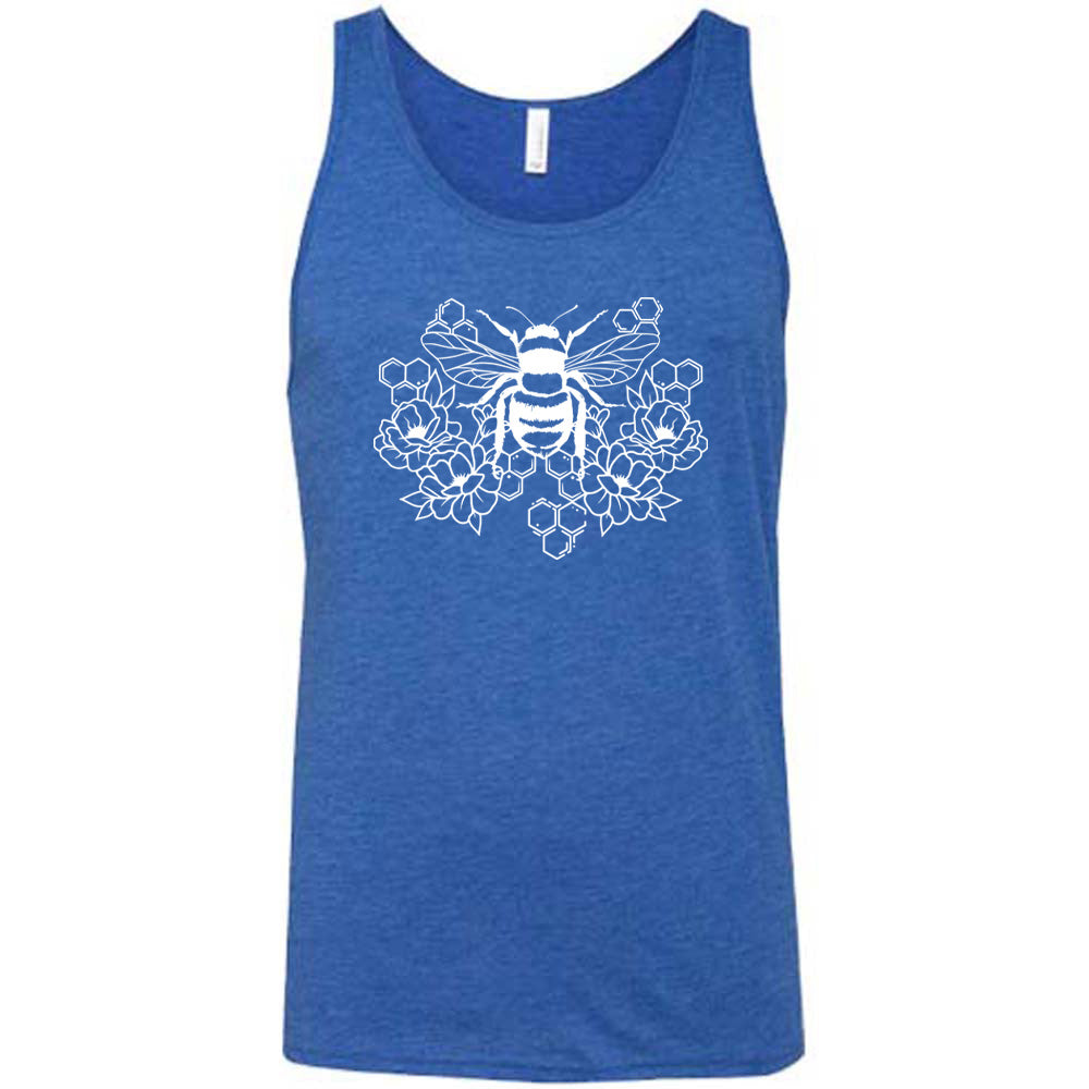 Blue colored tank with a bee, honeycomb, and flower graphic on it