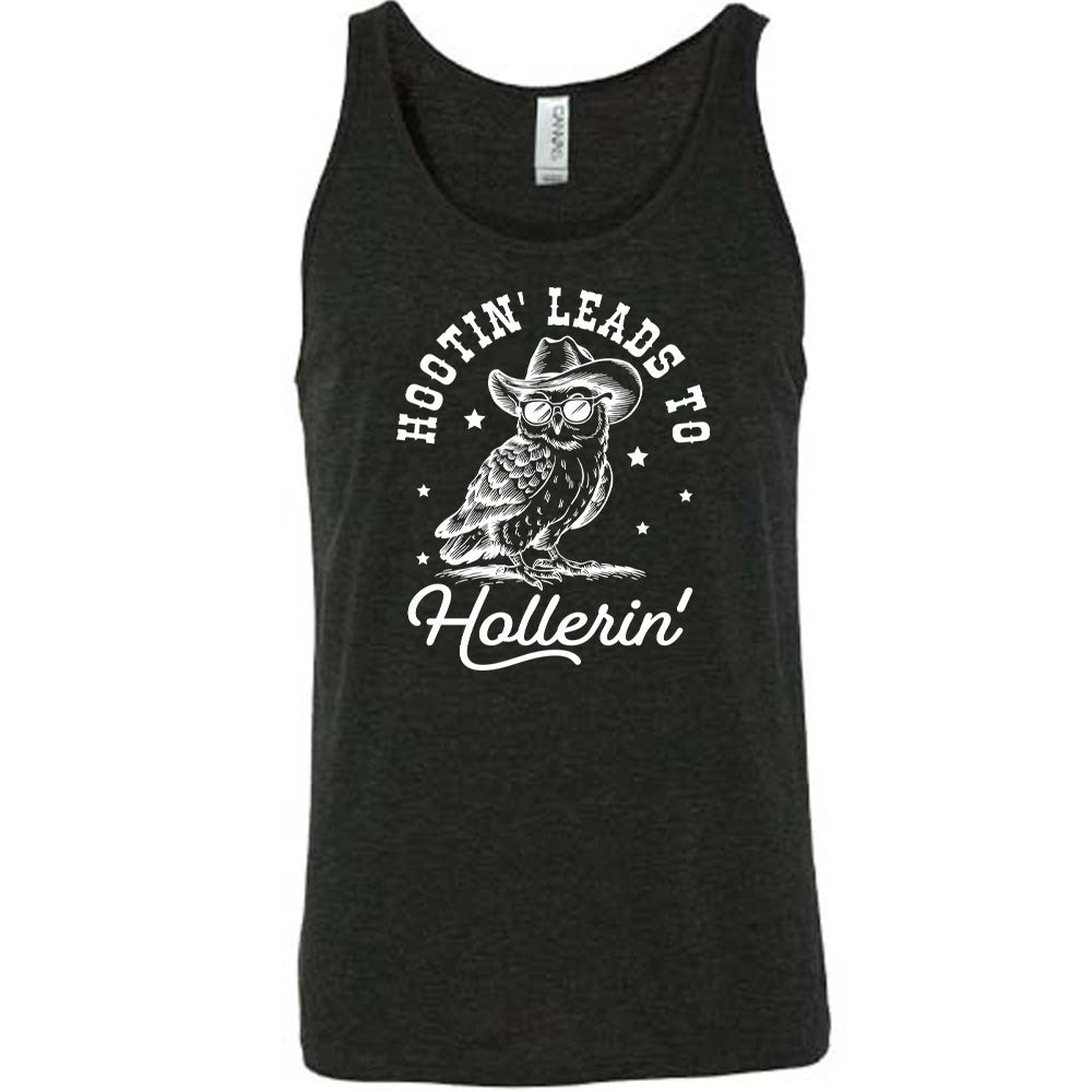 Black colored tank with owl in cowboy hat graphic on it that says "Hootin Leads To Hollerin"