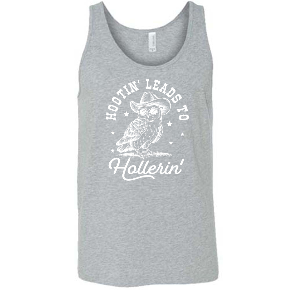 Grey colored tank with owl in cowboy hat graphic on it that says "Hootin Leads To Hollerin"