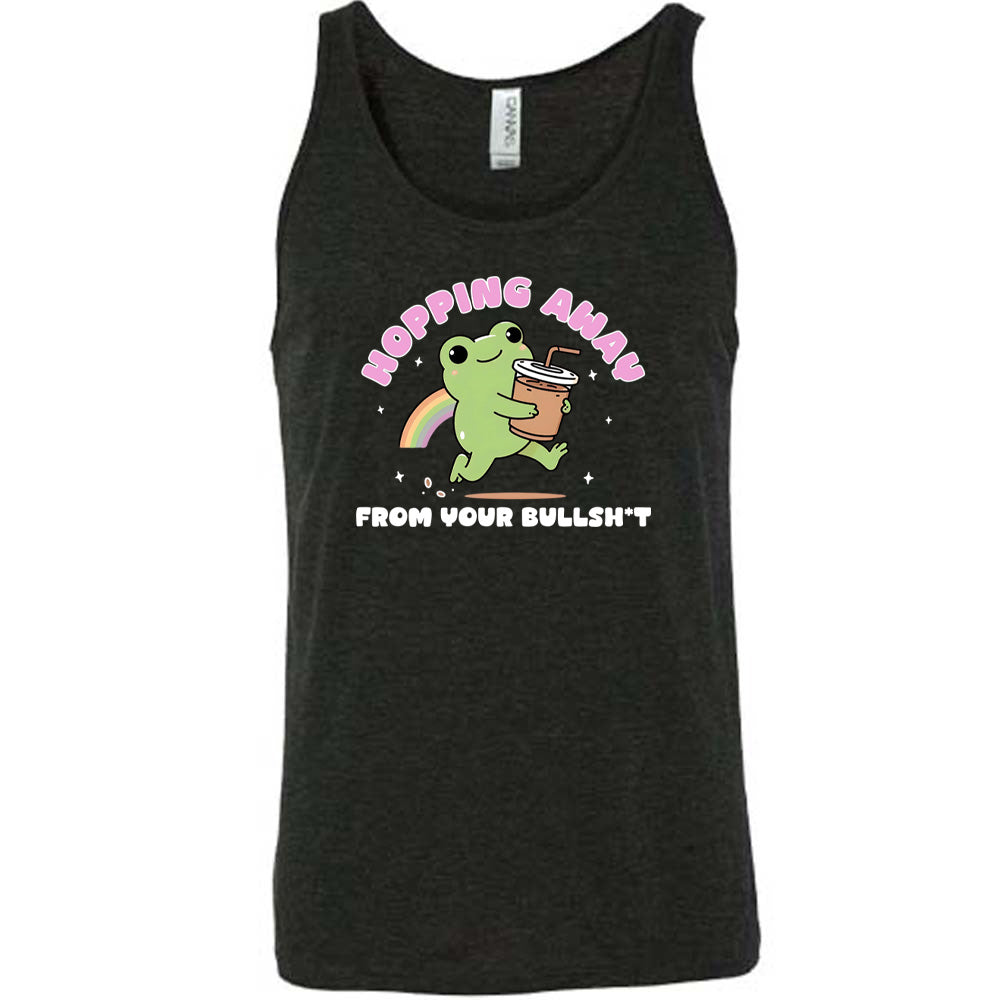 black shirt with the text "Hopping Away From Your Bullshit" on it