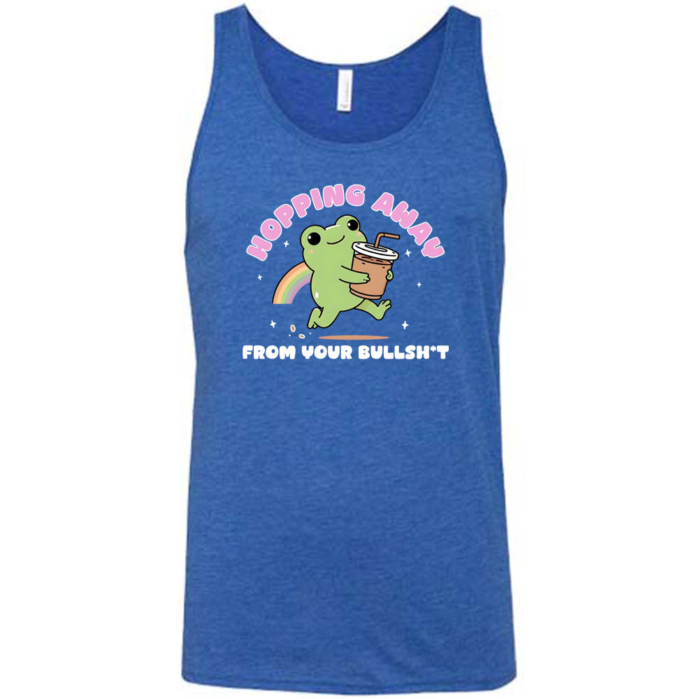 blue shirt with the text "Hopping Away From Your Bullshit" on it