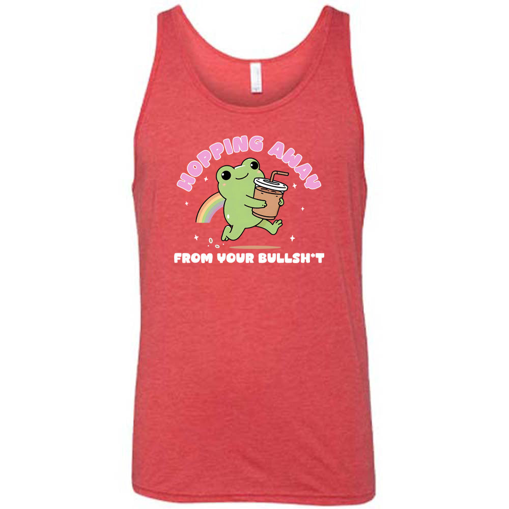 red shirt with the text "Hopping Away From Your Bullshit" on it