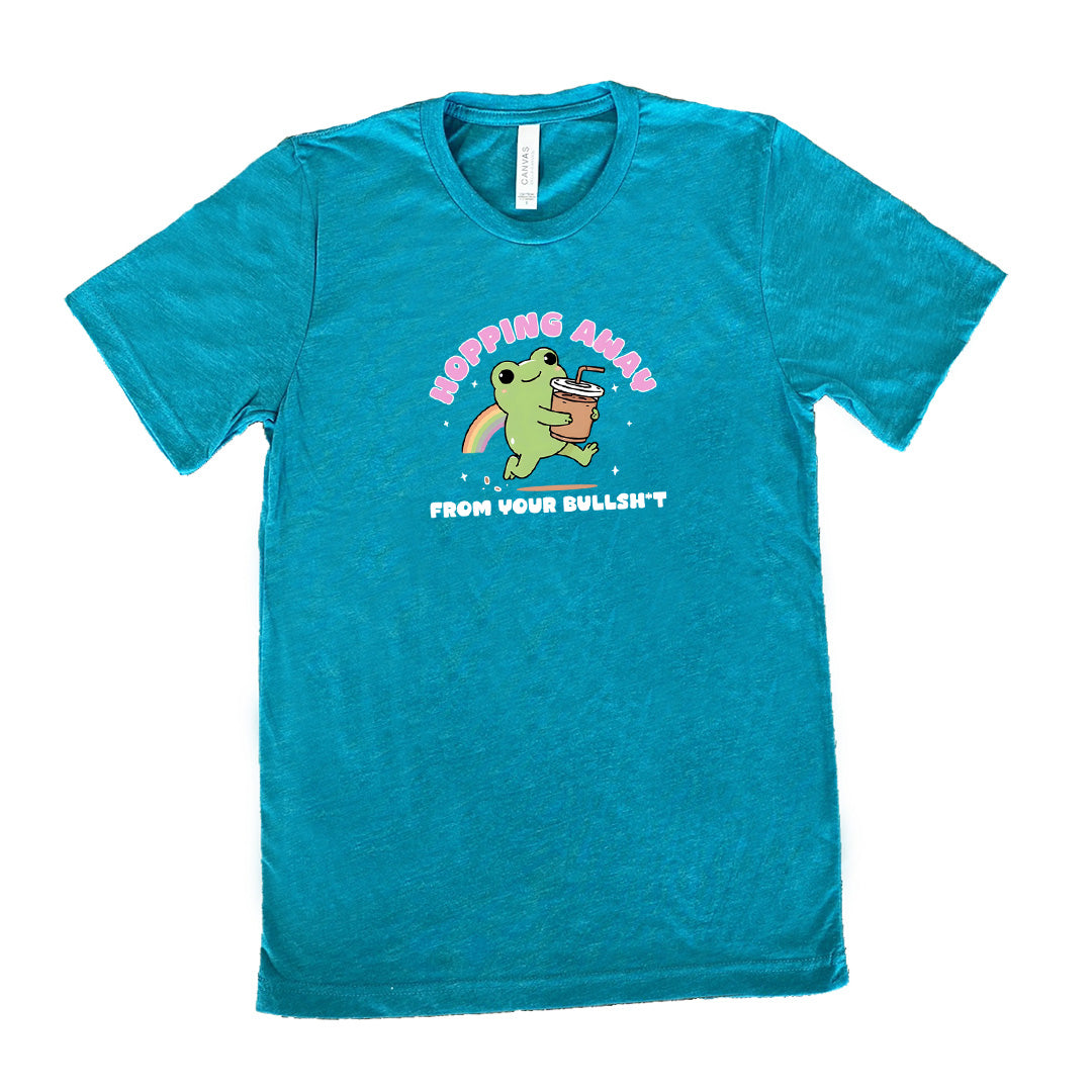 teal shirt with the text "Hopping Away From Your Bullshit" on it