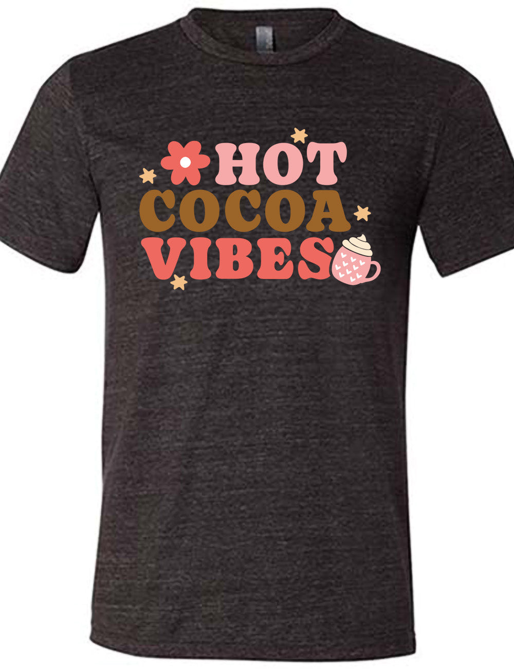 black unisex tee with the colorful words saying "HOT COCOA VIBES" with small graphics of a flower and mug, with many hearts on it, topped with whipped cream, and a few stars
