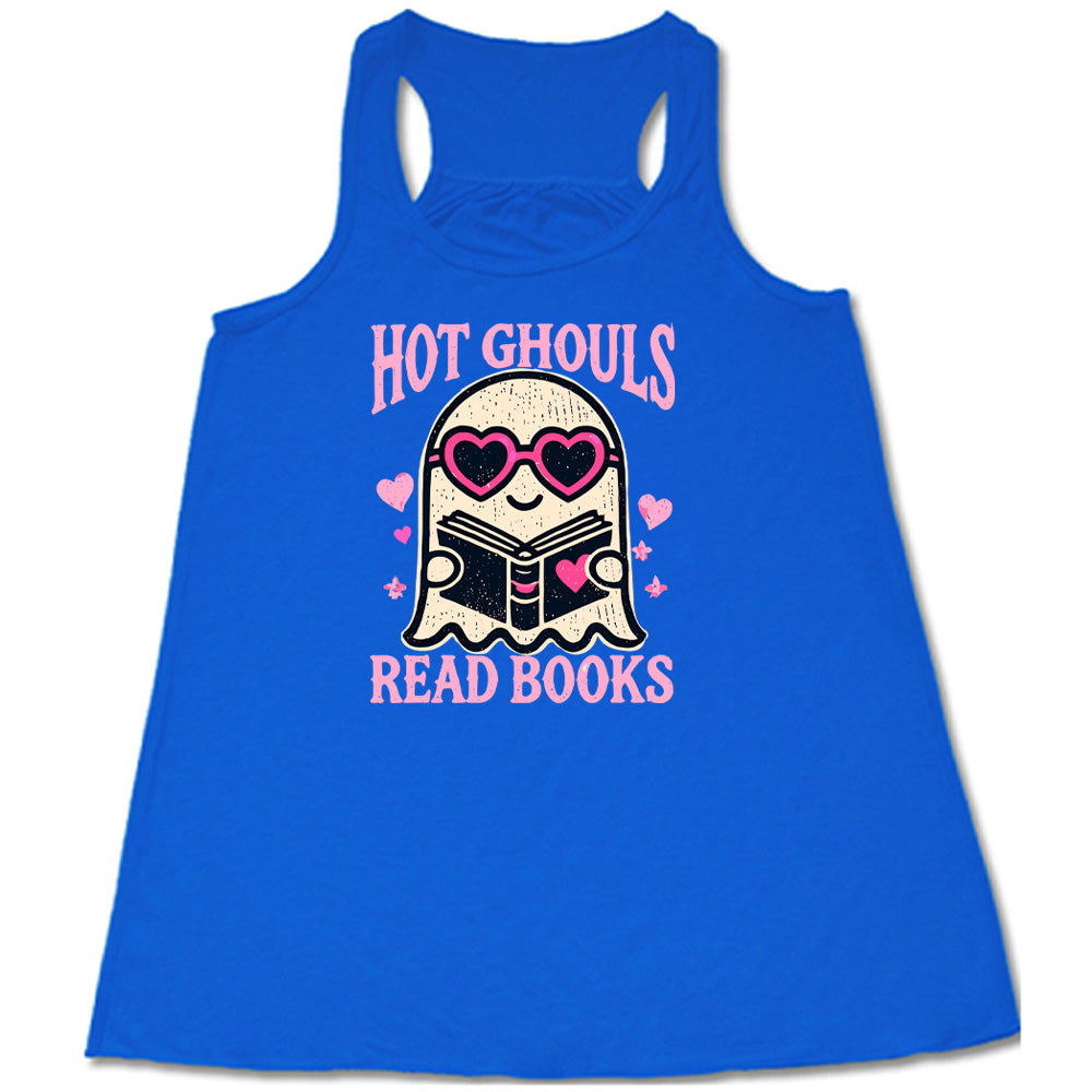 Blue colored flowy tank with ghost wearing heart-shaped glasses holding a book graphic on it that says "Hot Ghouls Read Books"