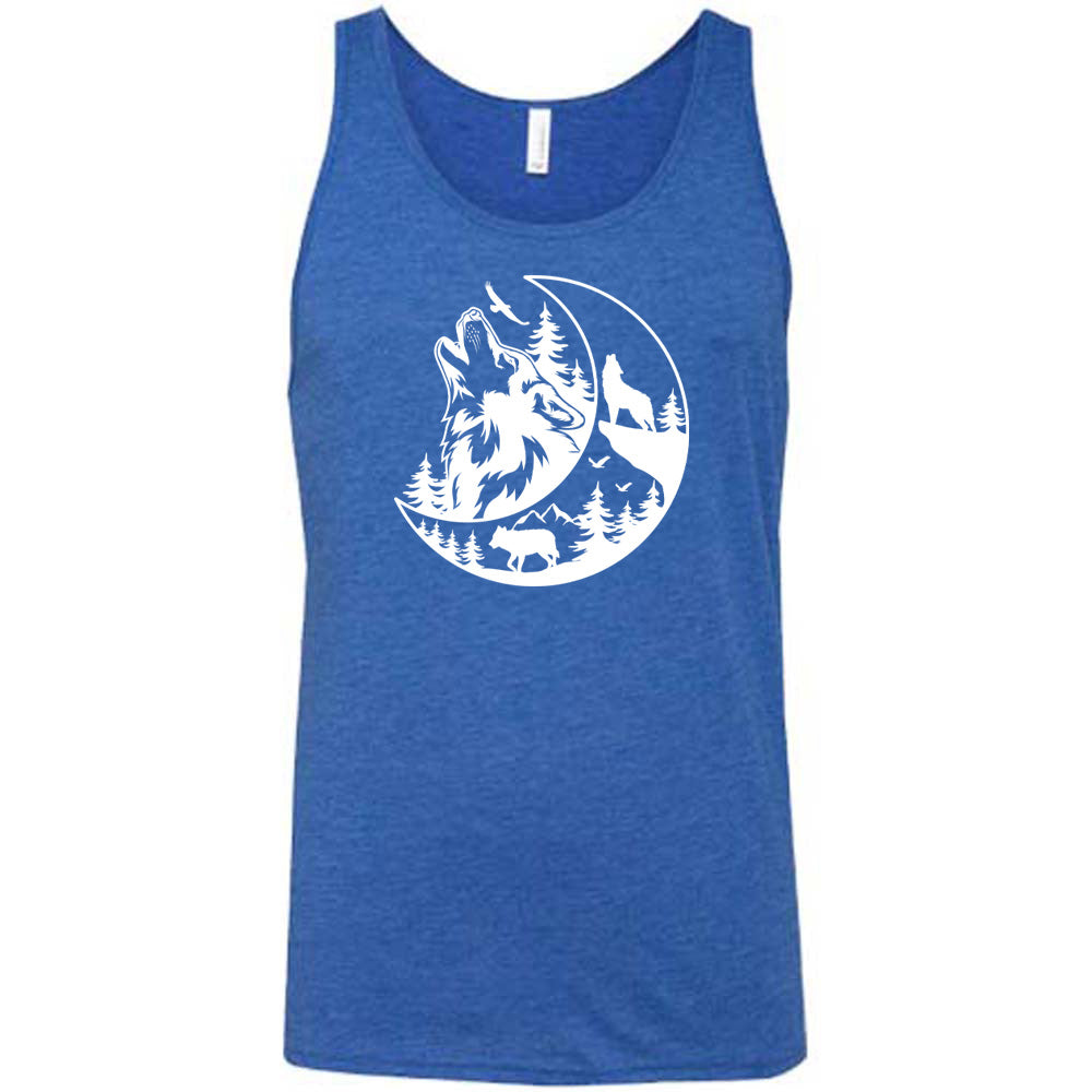 Blue colored tank with a wolf howling at the moon in the forest graphic on it
