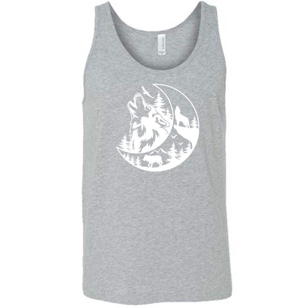 Grey colored tank with a wolf howling at the moon in the forest graphic on it
