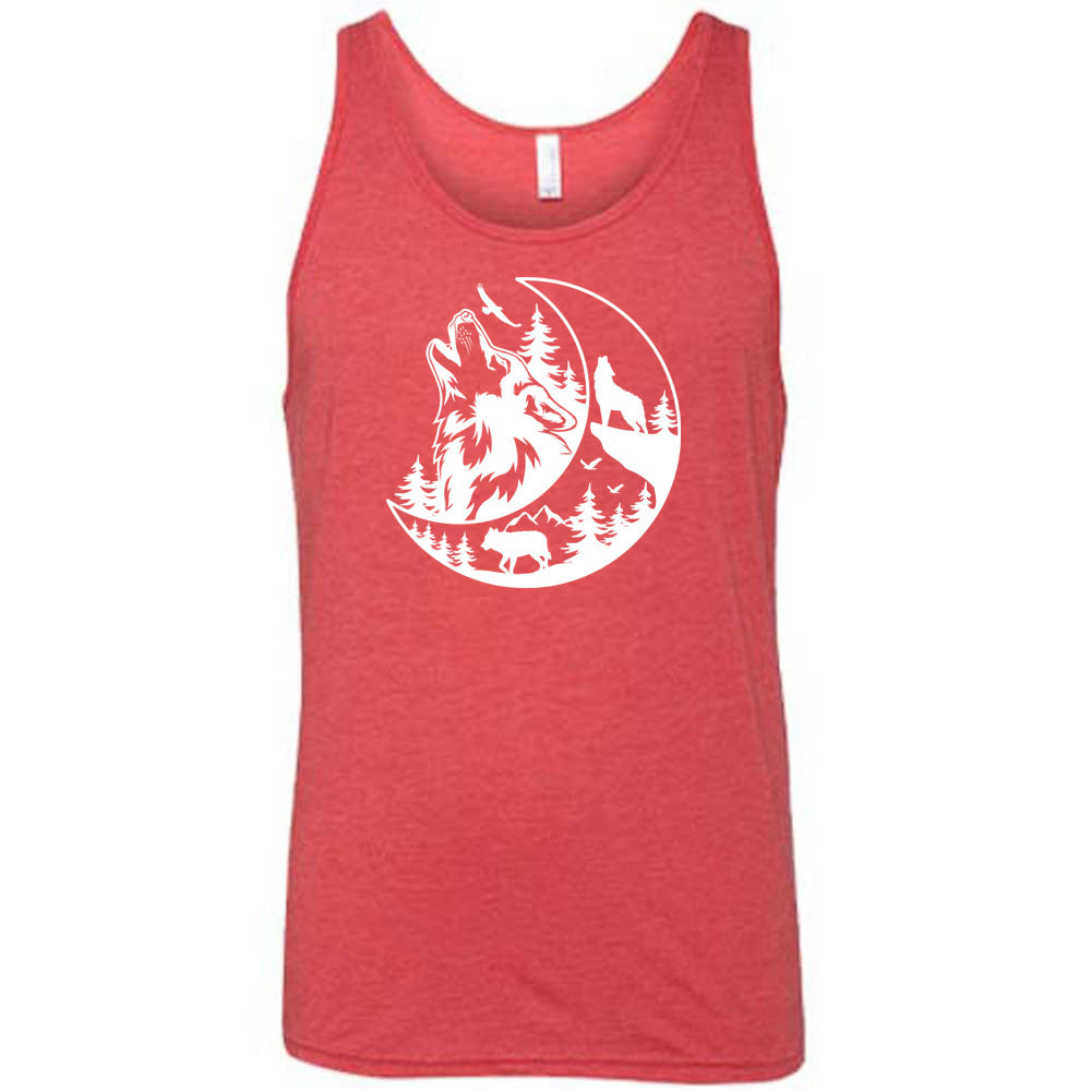 Red colored tank with a wolf howling at the moon in the forest graphic on it